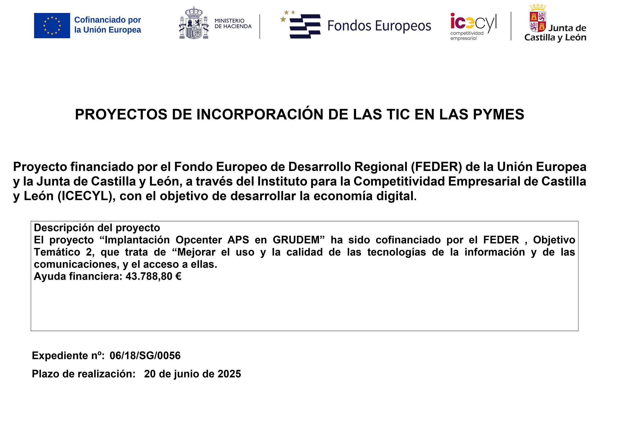 Cartel del proyecto de implantación de un sistema avanzado de planificación y secuenciación de la producción en Grudem
